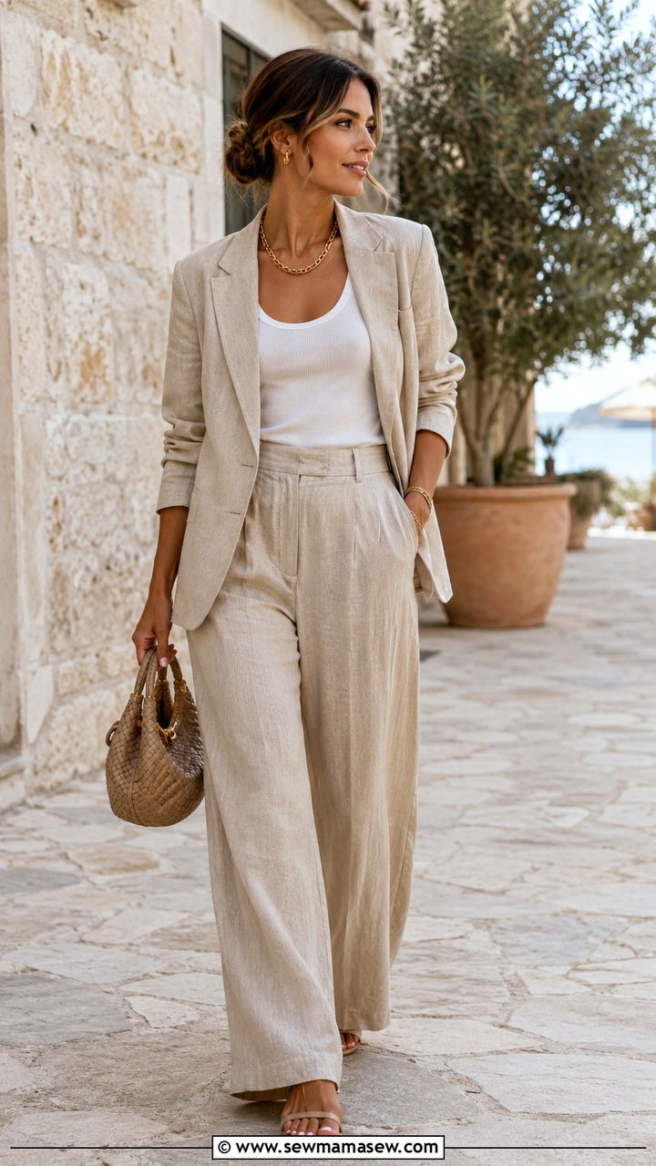 Pastel Blazer And Tailored Trousers With Thin Gold Chain - 30 Spring outfits with jewelry
