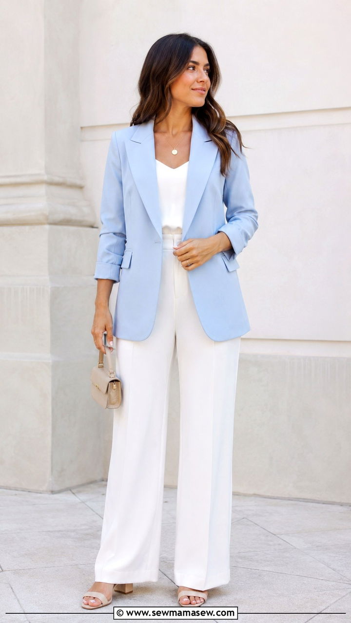 Pastel Blazer And Trousers Bridal Shower Look - 30 classy bridal shower outfit ideas