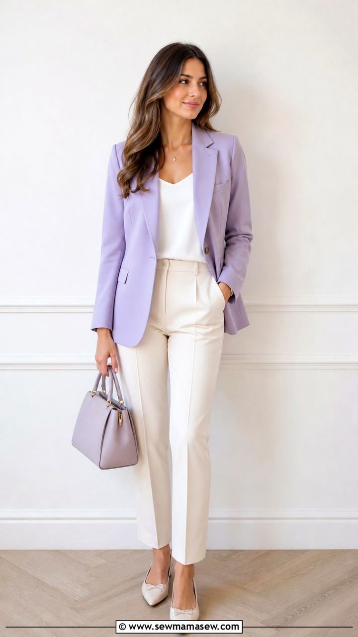 Pastel Blazer With Cream Tailored Trousers And Pointed Flats - 40 Spring outfit ideas