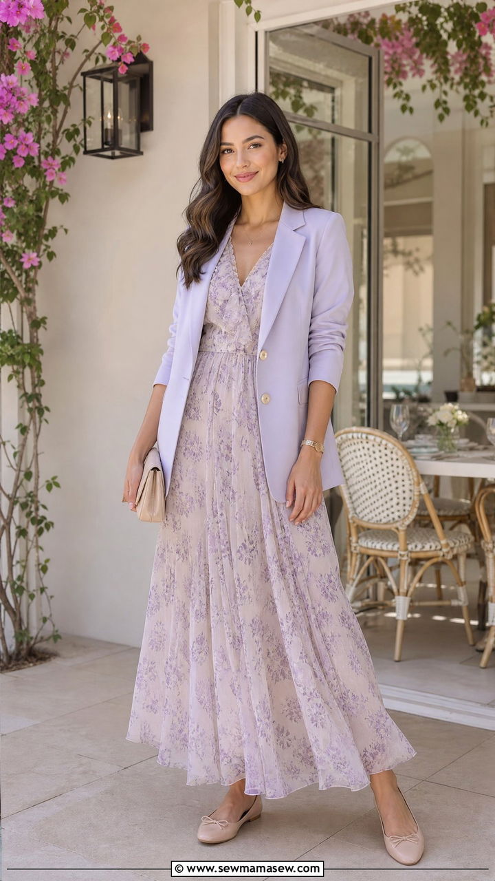 Pastel Blazer With Flowy Chiffon Maxi Dress And Ballet Flats - 30 Maxi dress outfit ideas with a blazer