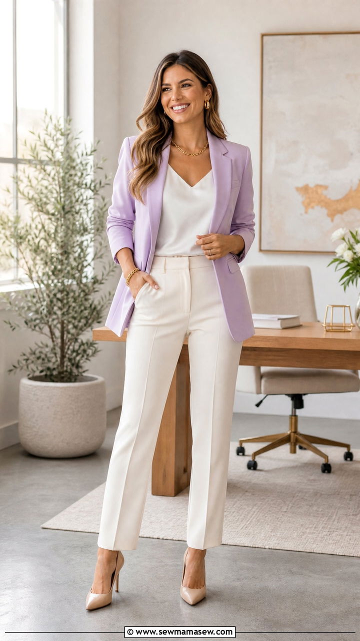 Pastel Blazer With Neutral Trousers - 35 Modern business casual outfits