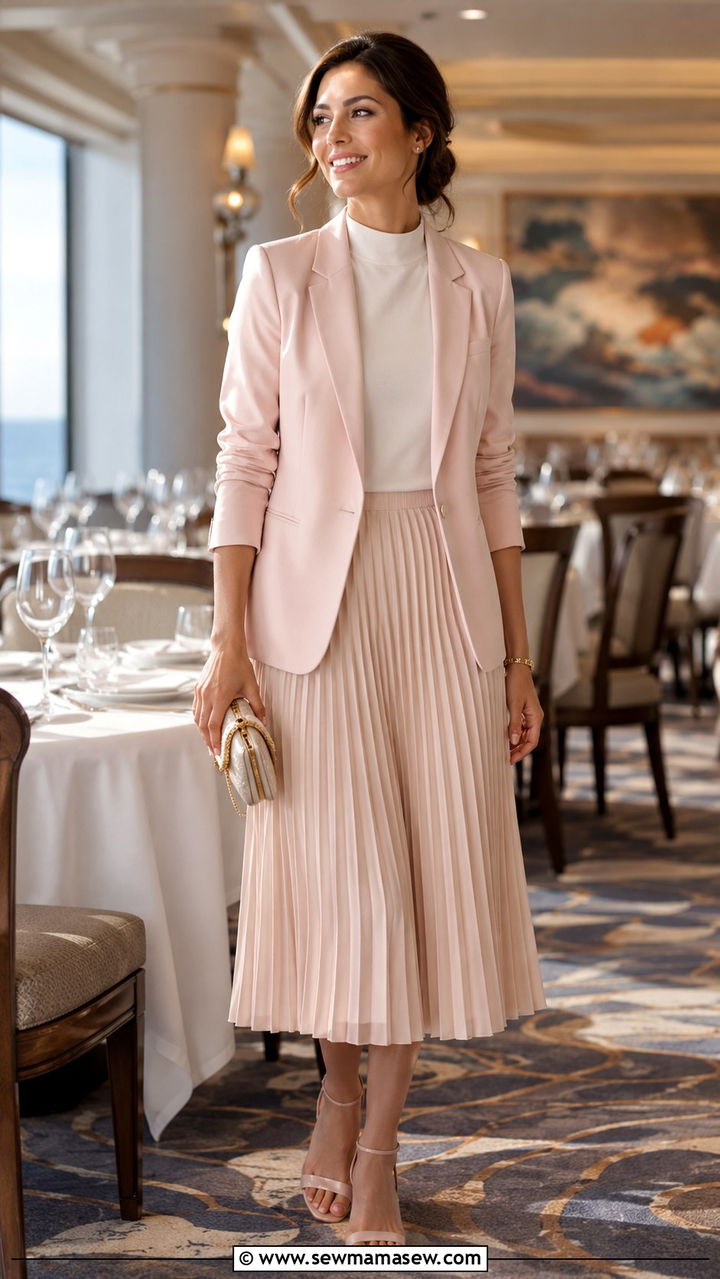 Pastel Blazer With Pleated Midi Skirt Dinner Outfit - 25 Vacation outfit ideas modest women