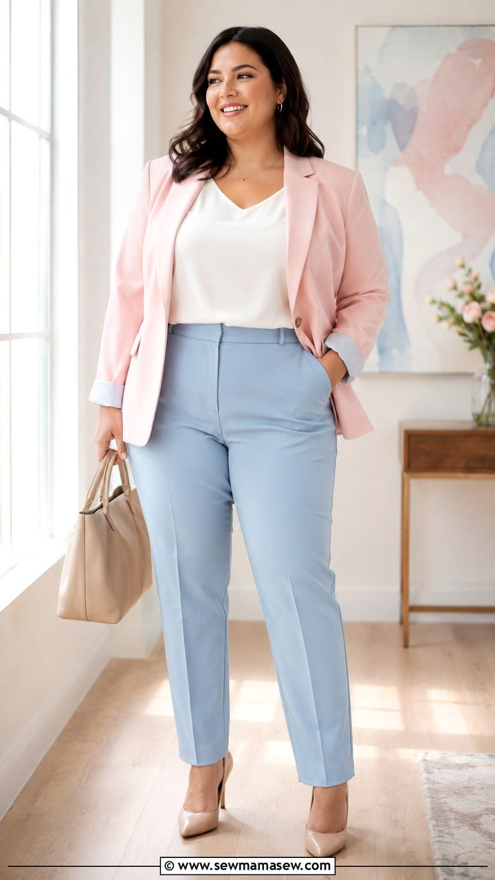 Pastel Blazer With Powder Blue Trousers - 25 Plus size work outfit ideas 2026