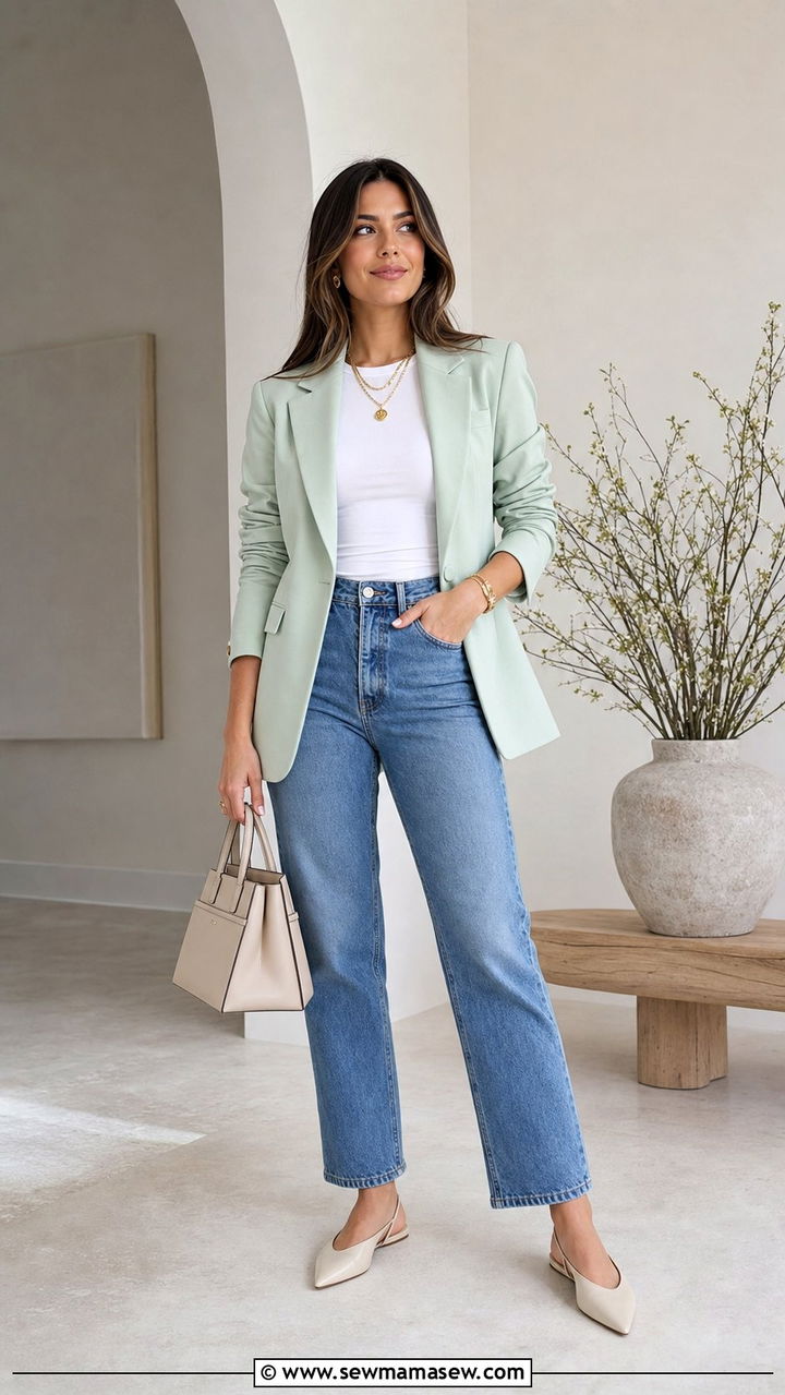 Pastel Blazer With Straight Leg Jeans - 25 spring colorful outfit ideas