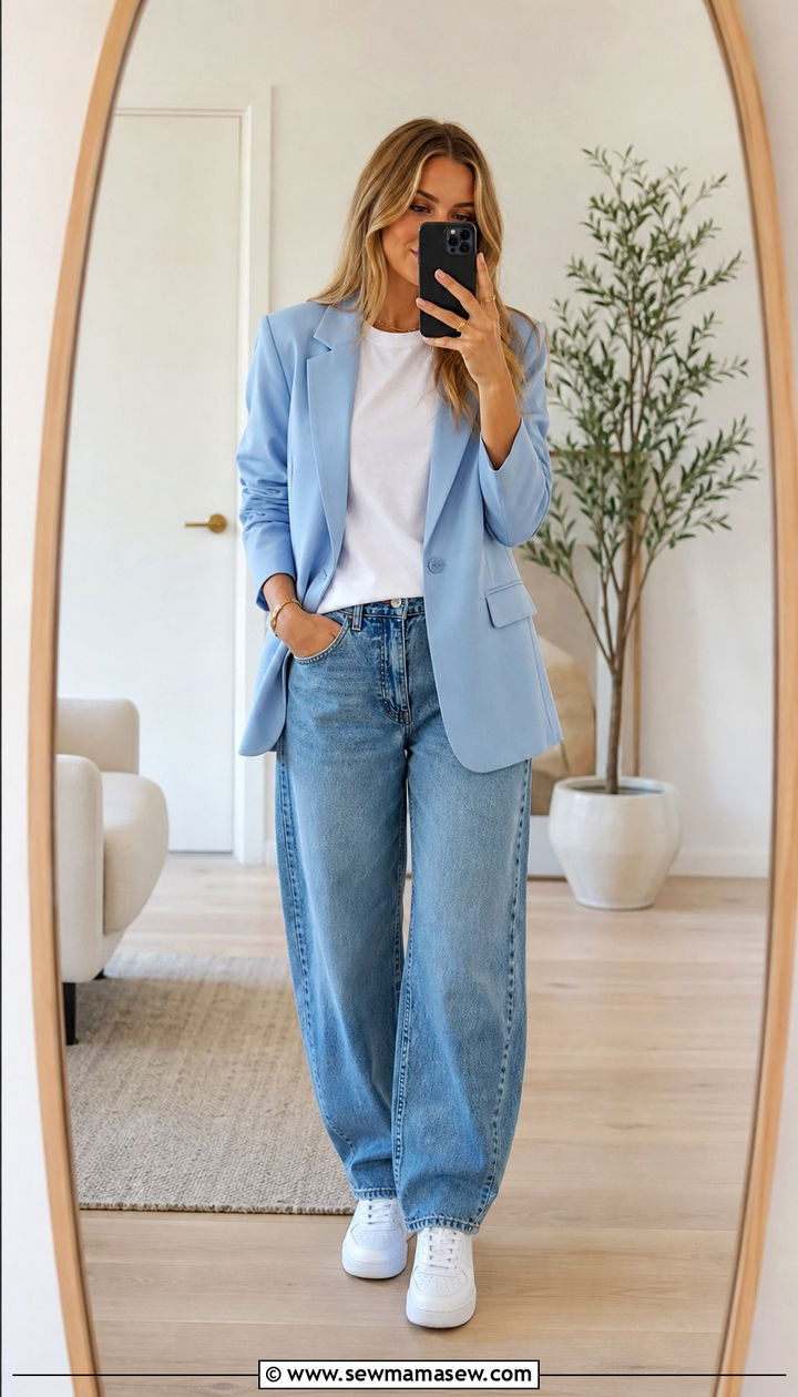 Pastel Blazer With White Tee And Barrel Leg Jeans - 35 April outfit ideas