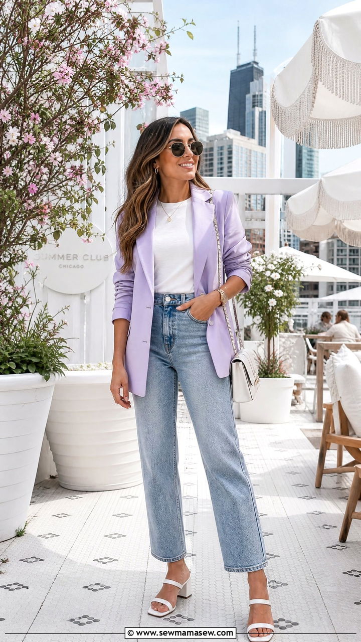 Pastel Blazer With White Tee and High Waist Jeans - 25 Chicago outfit ideas
