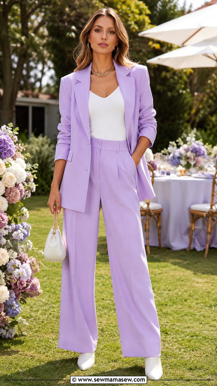 Pastel Blazer With Wide Leg Trousers And White Ankle Boots - 30 spring boots outfit ideas