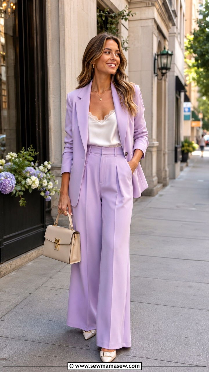 Pastel Blazer and Wide Leg Trousers - 30 spring rehearsal dinner outfit ideas