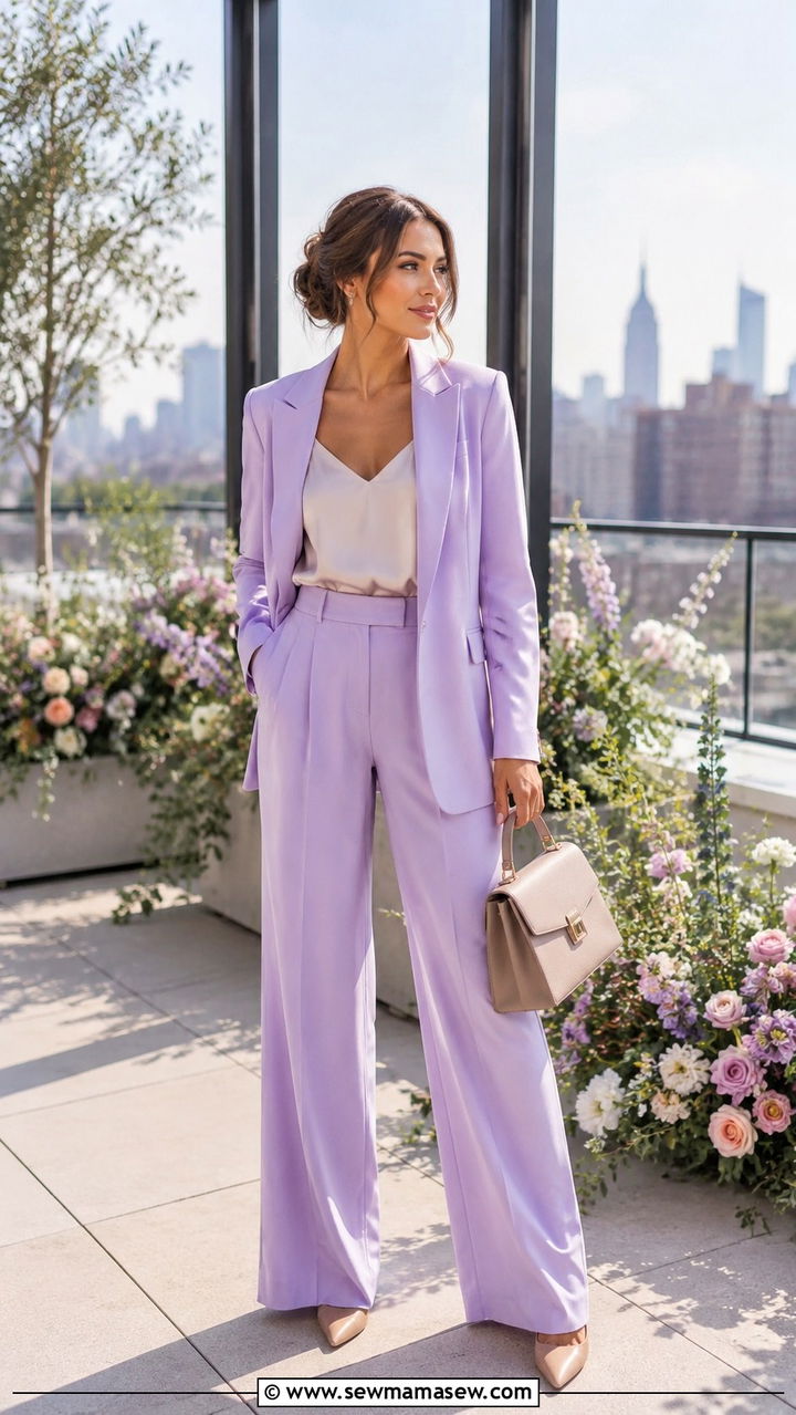 Pastel Blazer and Wide Leg Trousers for Rooftop Wedding Guest - 30 Rooftop wedding guest outfit ideas