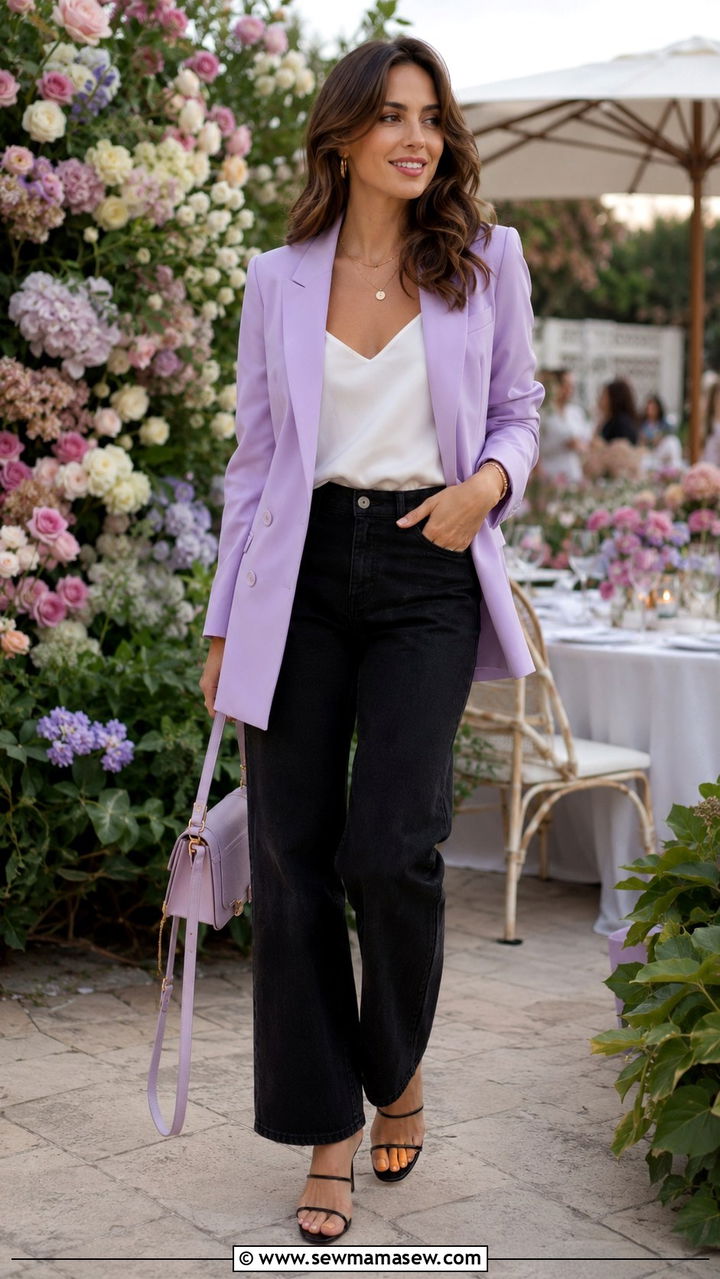 Pastel Blazer with Black Jeans and Strappy Sandals - 25 Black jeans outfit ideas with a blazer