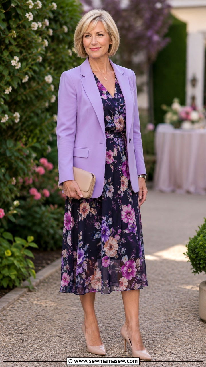 Pastel Blazer with Floral Midi Dress - 30 Outfit ideas for women over 45