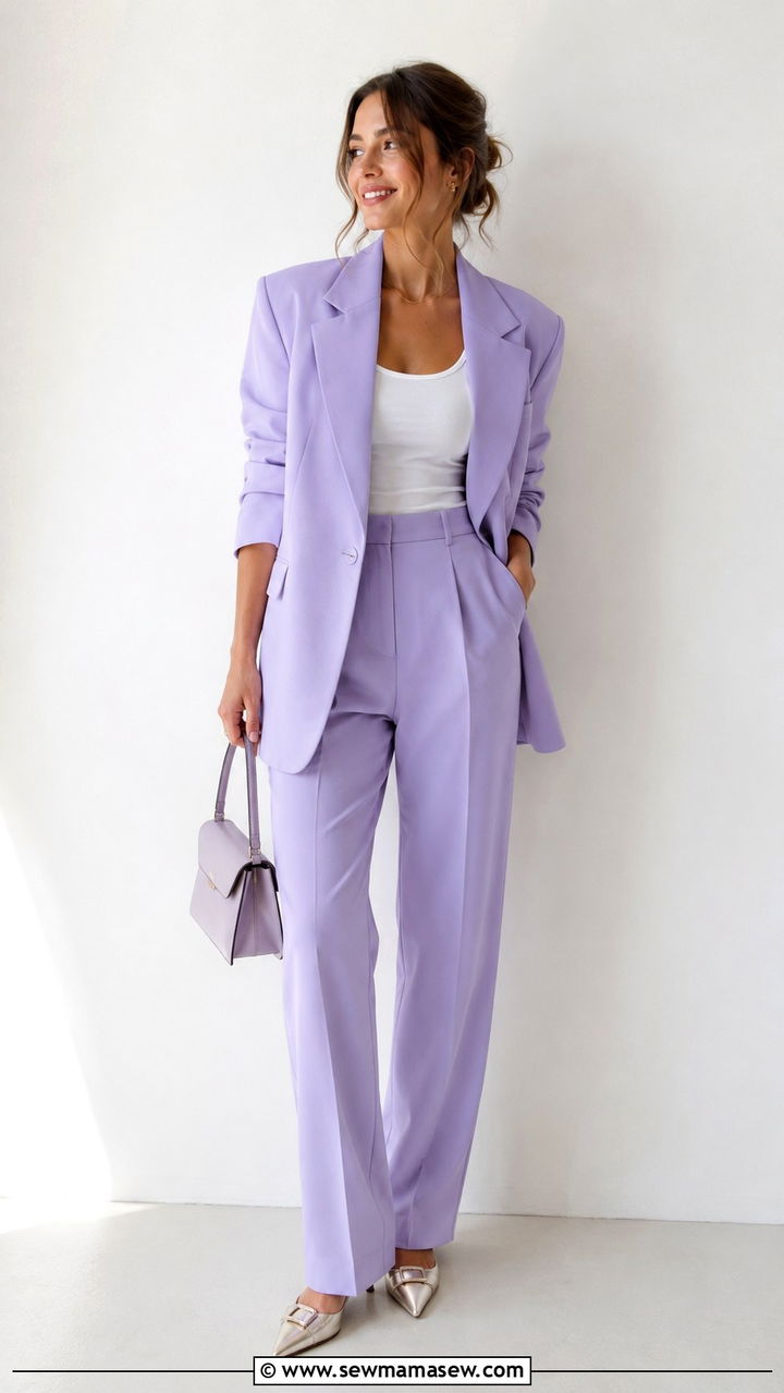 Pastel Blazer with Matching Trousers and Pointed Flats - 30 spring transition outfit ideas