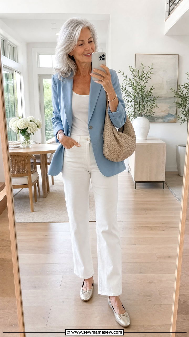 Pastel Blazer with White Straight Leg Jeans - 30 Elegant outfits for older women