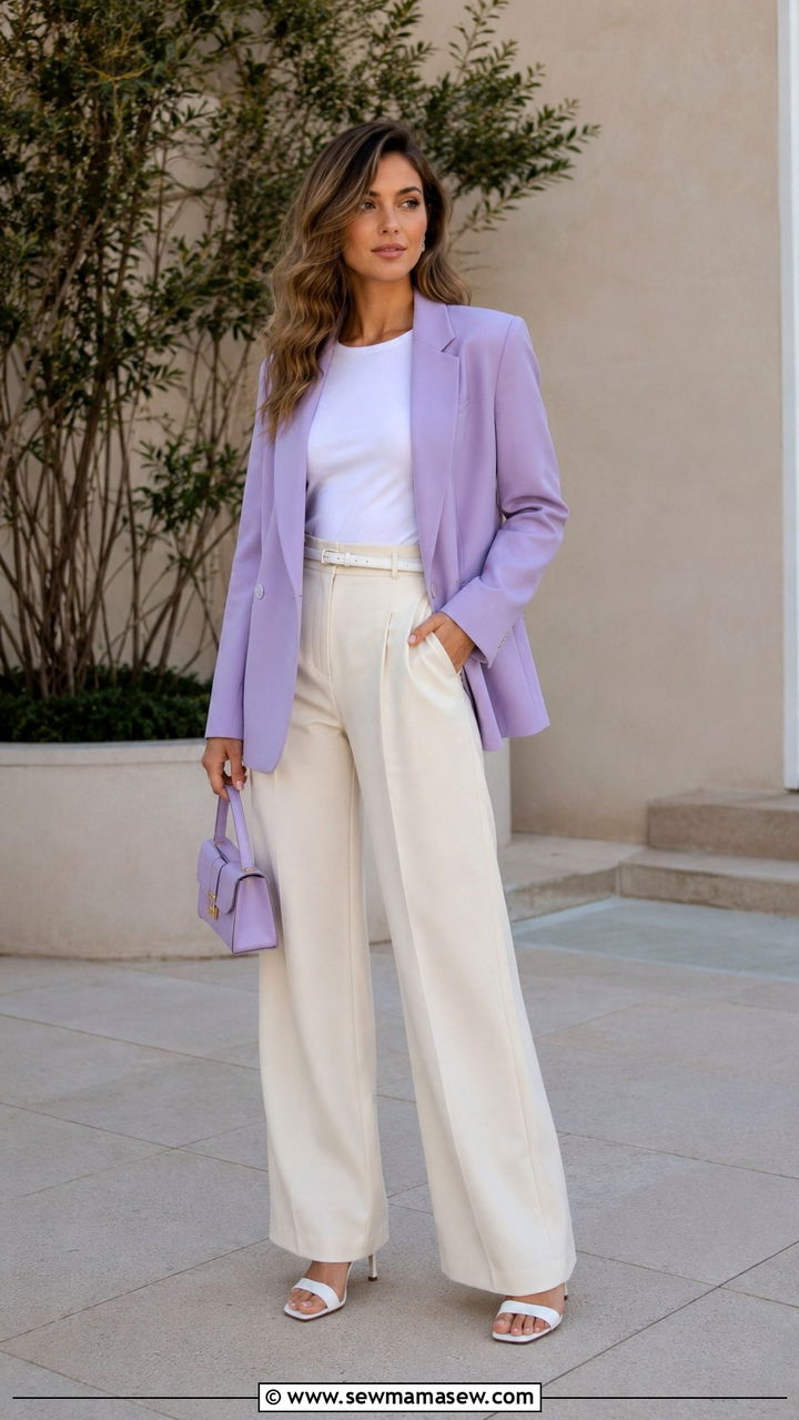 Pastel Blazer with Wide Leg Trousers and Skinny Belt - 20 spring outfits with skinny belt