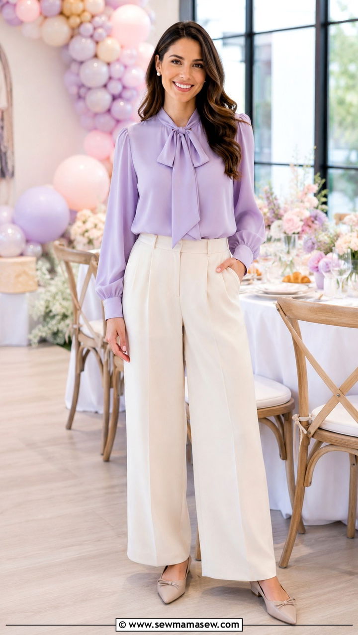 Pastel Blouse and Wide Leg Trousers Baby Shower - 30 chic baby shower outfits for women