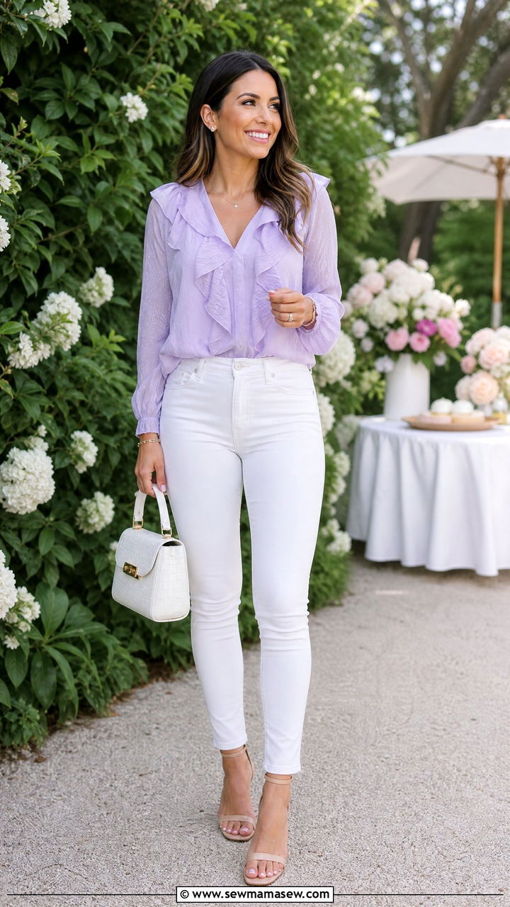 Pastel Blouse with White Skinny Jeans - 30 Summer outfits with skinny jeans
