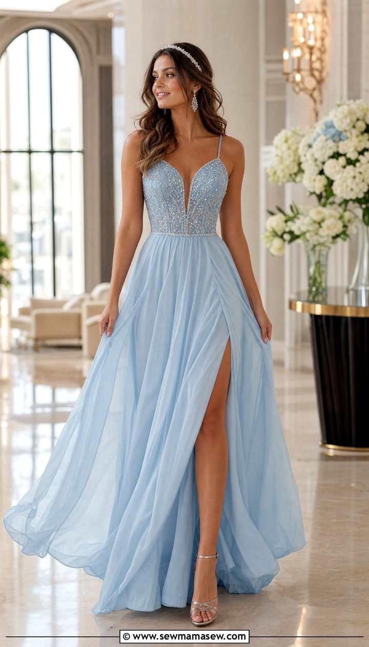 Pastel Blue Beaded Gown with Silver Strappy Sandals - 25 Debutante ball outfit ideas
