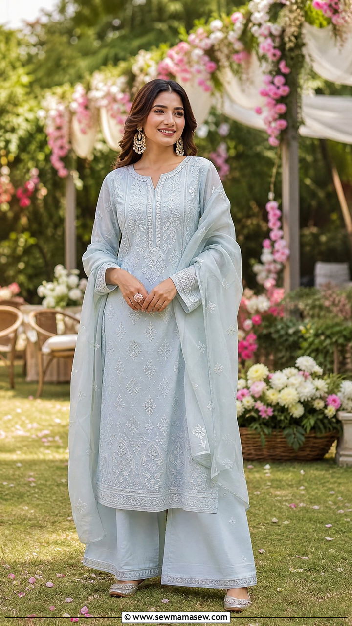 Pastel Blue Chikankari Kurta And Palazzo Set - 35 Matching set outfit ideas for wedding guest