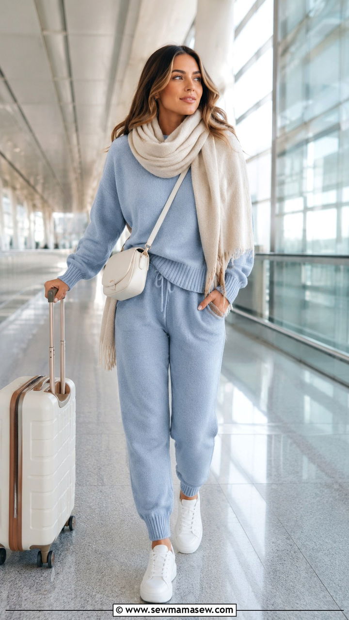 Pastel Blue Knit Set With Oversized Scarf Travel Look - 25 Airport outfit ideas with matching set
