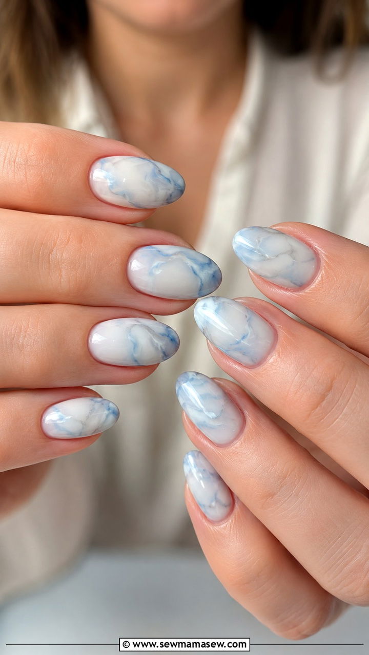 Pastel Blue Marble Gel Nails - 50 gel polish
