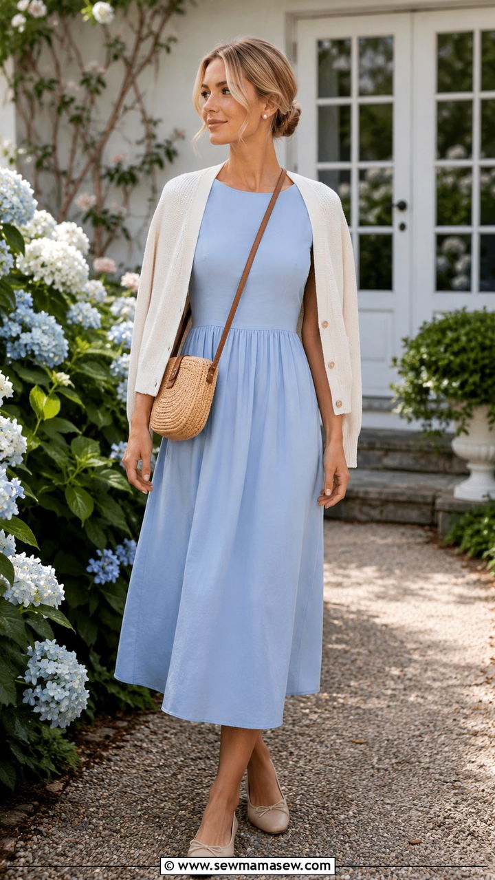 Pastel Blue Midi Dress With Cardigan Over Shoulders - 20 Spring coastal grandmother outfits 2026