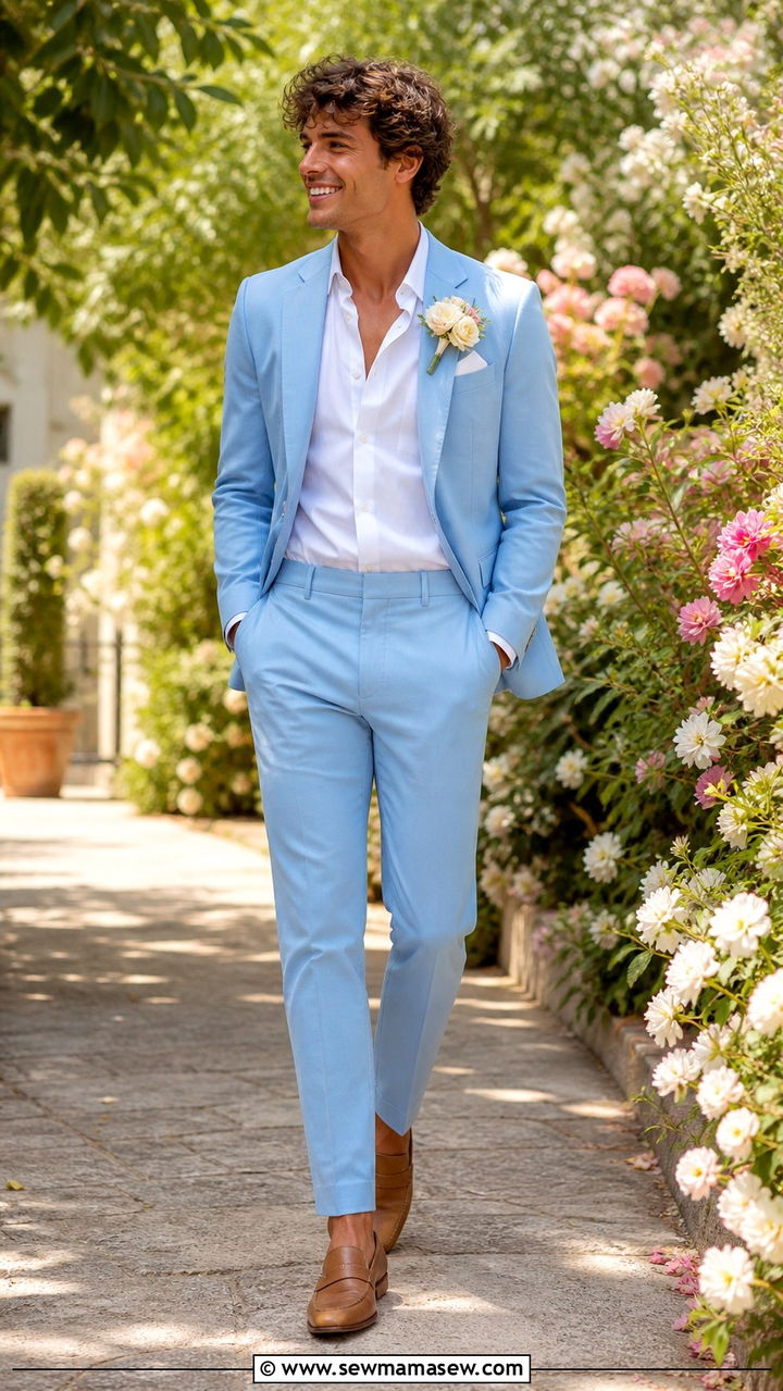 Pastel Blue Prom Suit With Floral Boutonniere And Tan Loafers - 40 Prom outfit ideas