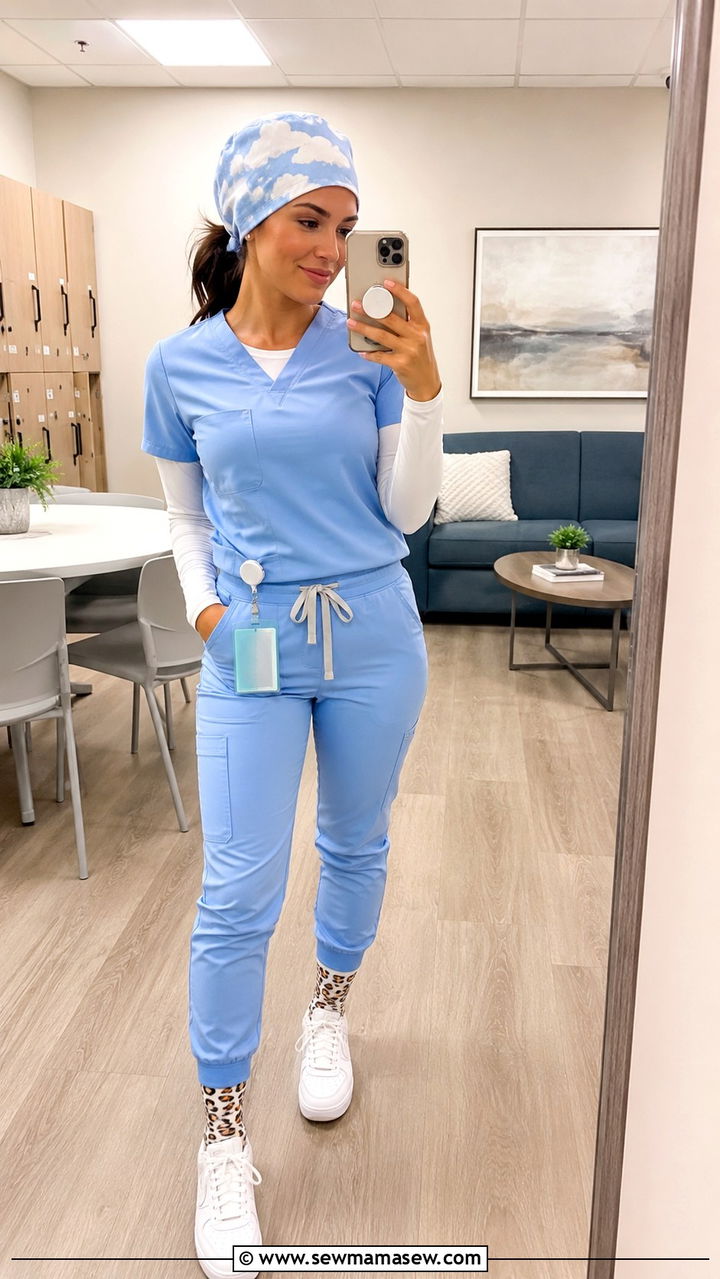 Pastel Blue Scrub Set With Animal Print Compression Socks - 25 Pediatric nurse outfit ideas