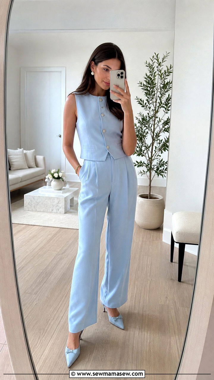 Pastel Blue Two Piece Set with Kitten Heels - 40 Spring graduation outfits