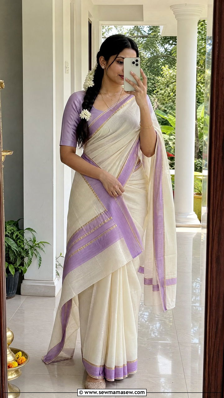Pastel Bordered Kasavu Saree For Onam - 25 Kerala outfit ideas