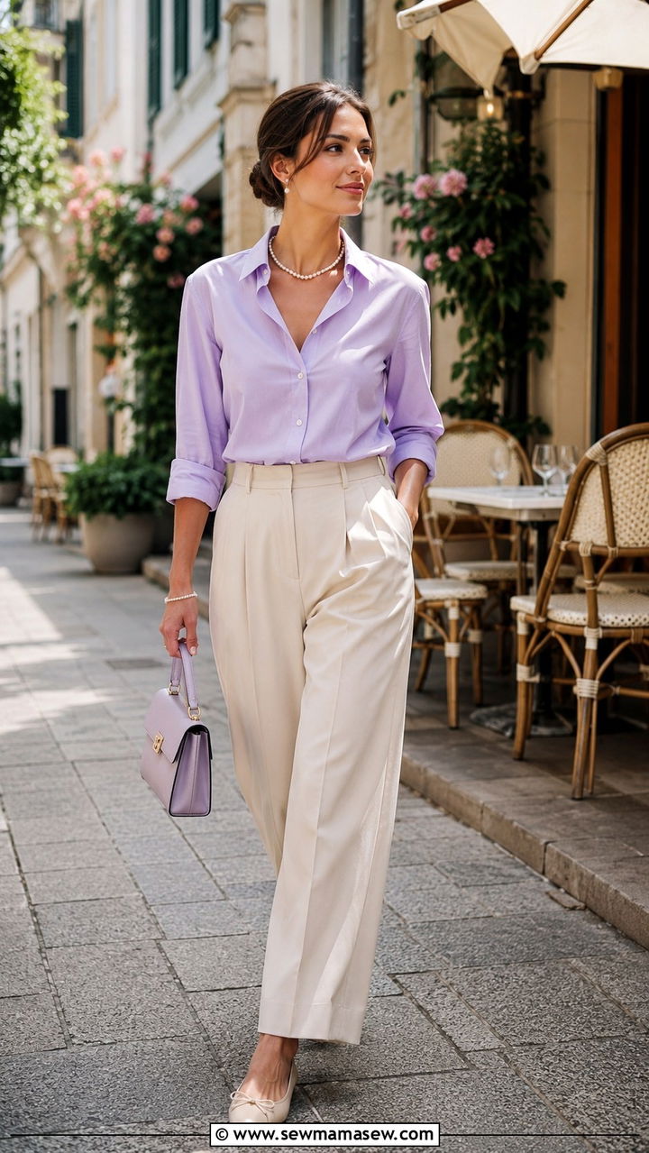 Pastel Button Down Shirt and Pleated Trousers - 25 Pilates aesthetic outfit ideas