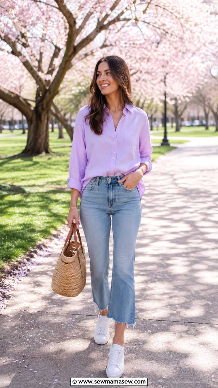 Pastel Button Down With Cropped Flare Jeans - 30 Late April outfit ideas