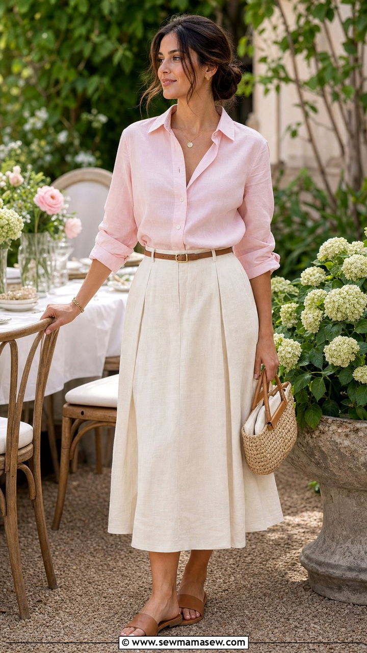 Pastel Button Down with Linen Midi Skirt and Sandals - 25 summer button down shirt outfit ideas