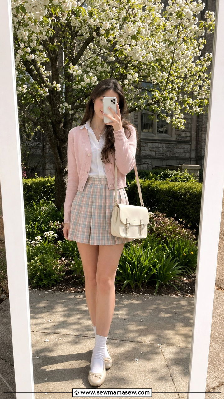 Pastel Cardigan Over Button Down And Plaid Mini Skirt - 25 Preppy outfit ideas for college