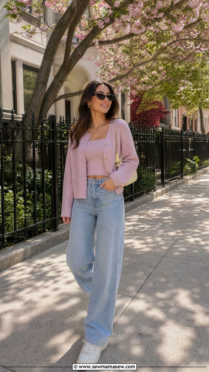 Pastel Cardigan Set With Wide Leg Jeans - 30 Chill spring outfit ideas