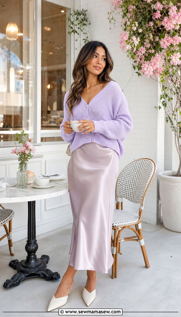 Pastel Cardigan With A Satin Slip Skirt And Pointed Mules - 25 Spring outfits for women in their 30s