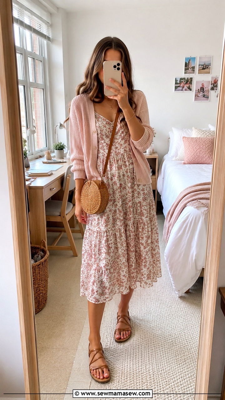 Pastel Cardigan With Floral Midi Dress And Strappy Sandals - 30 classy college outfits