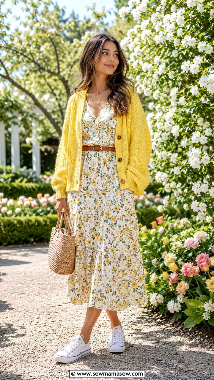 Pastel Cardigan With Floral Midi Dress and Canvas Sneakers - 30 Spring outfits with sneakers