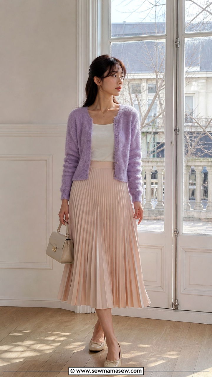 Pastel Cardigan With Pleated Midi Skirt Seoul - 40 Seoul outfit ideas