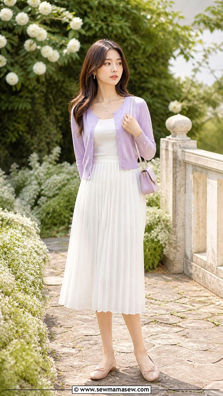 Pastel Cardigan With Pleated White Skirt - 40 Chic spring outfit ideas 2026