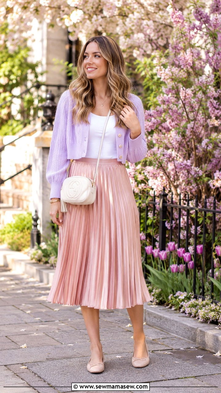 Pastel Cardigan With Satin Pleated Midi Skirt - 30 Spring city outfits