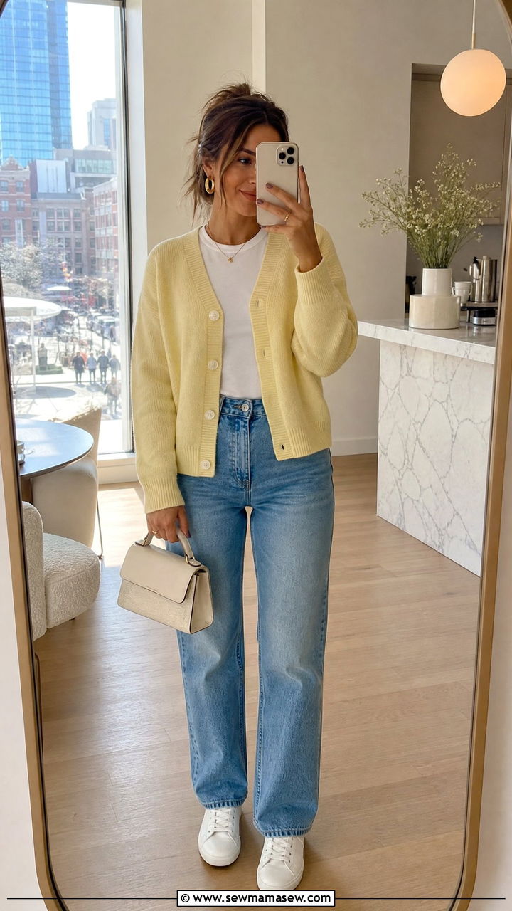 Pastel Cardigan With Straight Leg Jeans and Sleek Sneakers - 25 Laid back spring outfit ideas 2026
