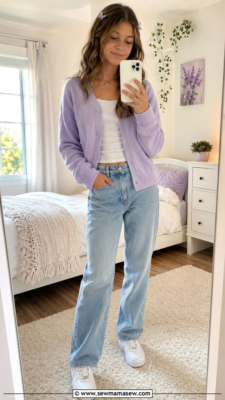 Pastel Cardigan With White Cami and Light Wash Boyfriend Jeans - 35 Back to school outfit ideas 8th grade