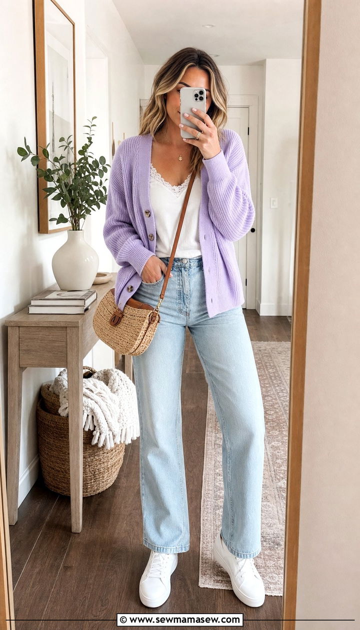 Pastel Cardigan With White Camisole And Jeans Outfit - 25 Spring outfit templates