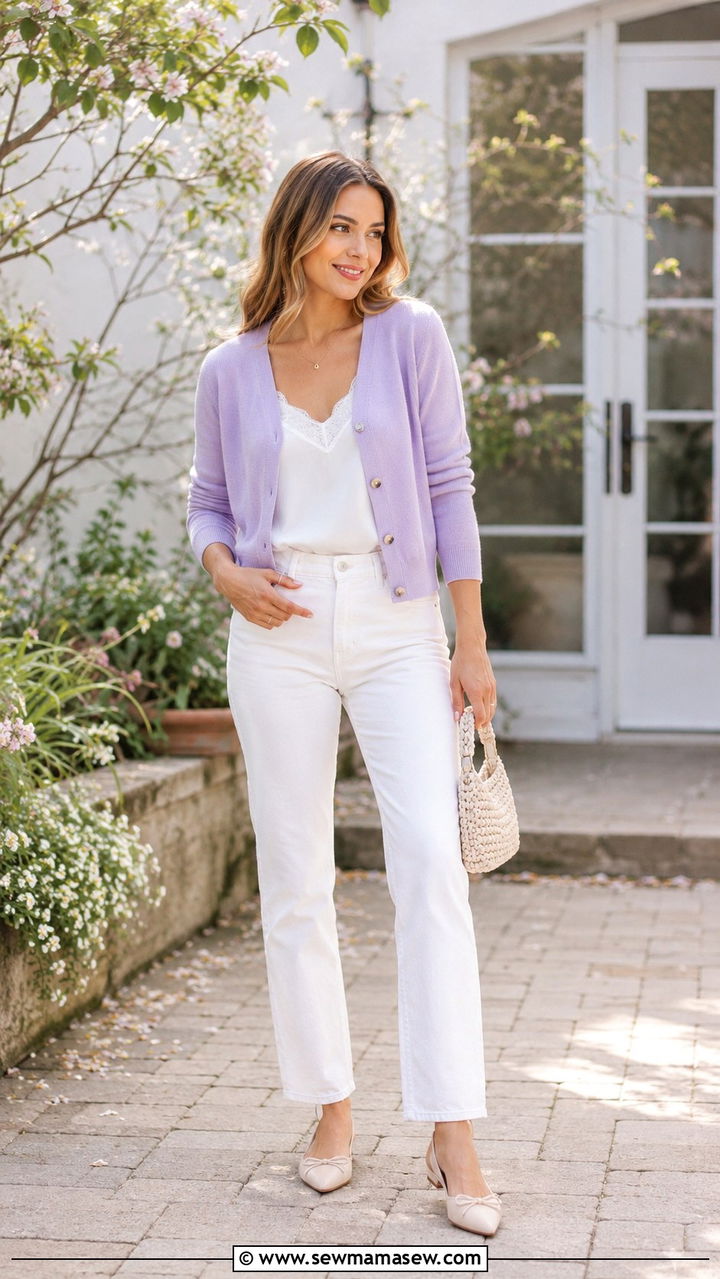 Pastel Cardigan With White Jeans and Pointed Toe Flats - 20 Spring outfits for 50 degree weather