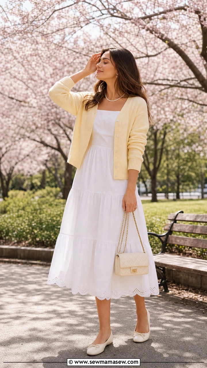 Pastel Cardigan With White Midi Dress Outfit - 25 Spring cottagecore outfits 2026