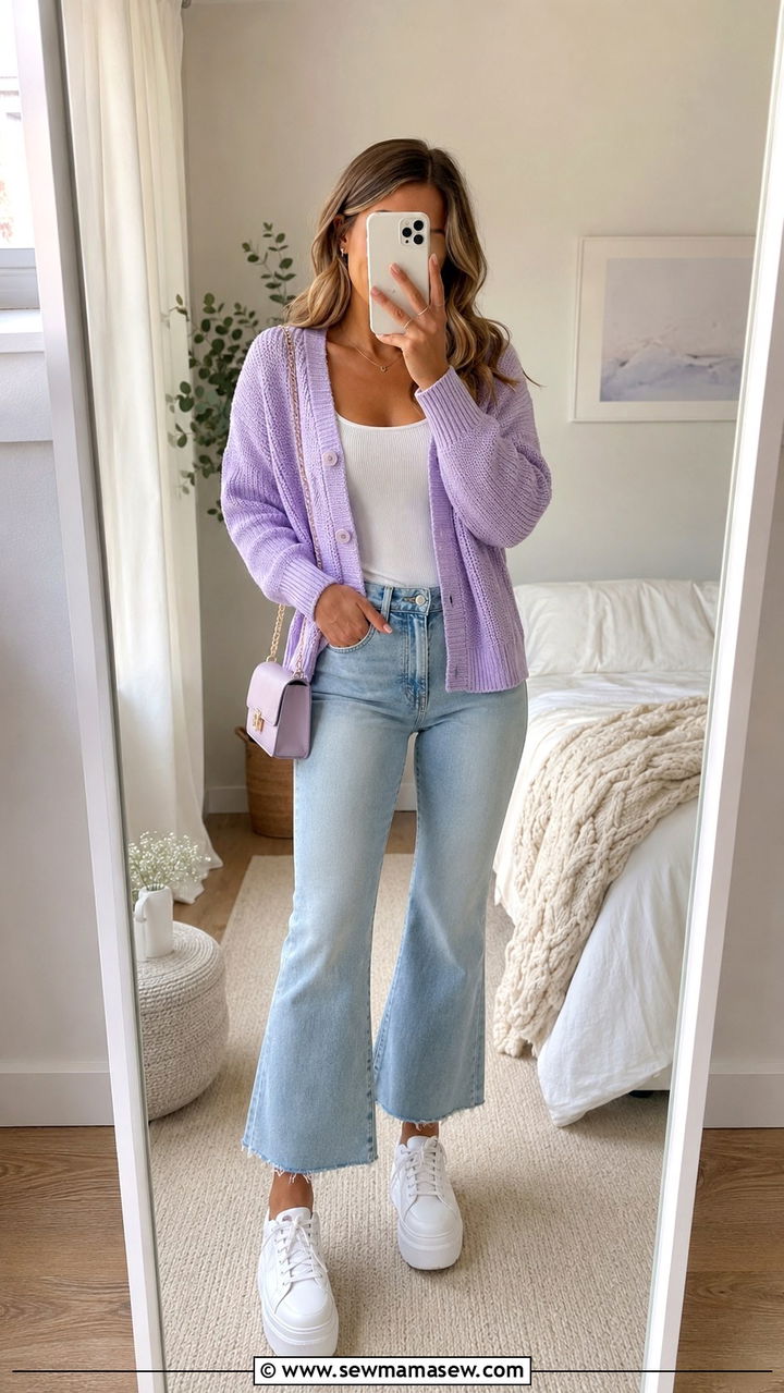 Pastel Cardigan With White Tank Top And Cropped Flare Jeans - 30 cute transitional outfits