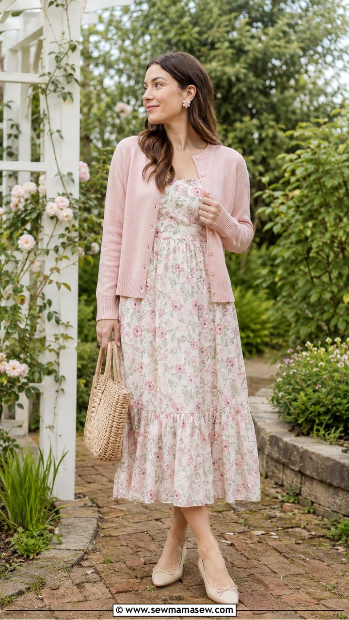 Pastel Cardigan and Floral Midi Dress Set - 30 Cardigan and dress matching set outfit ideas
