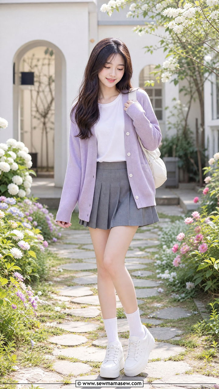 Pastel Cardigan and Gray Pleated Skirt - 25 School uniform outfit ideas cute