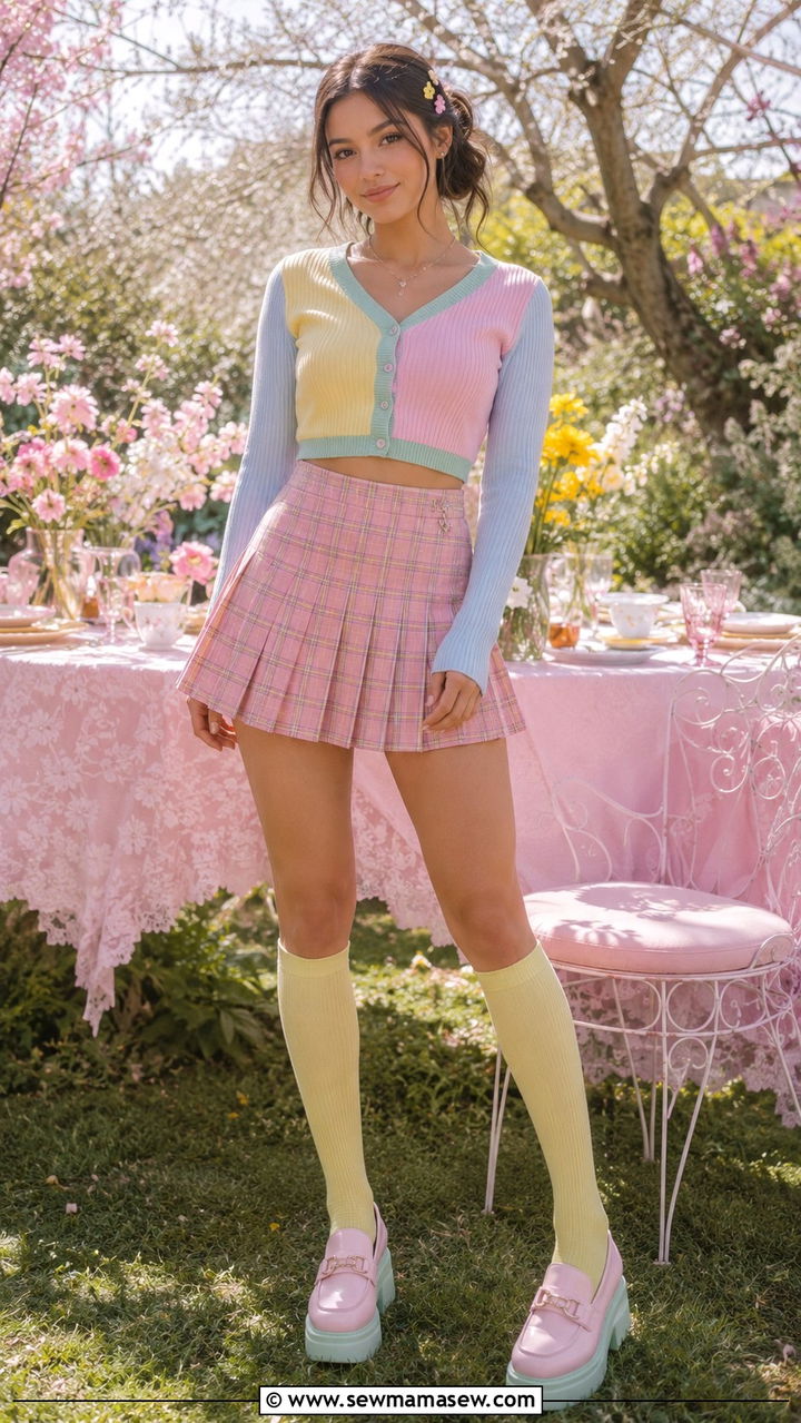 Pastel Cardigan and Plaid Pleated Skirt - 30 spring y2k outfit ideas