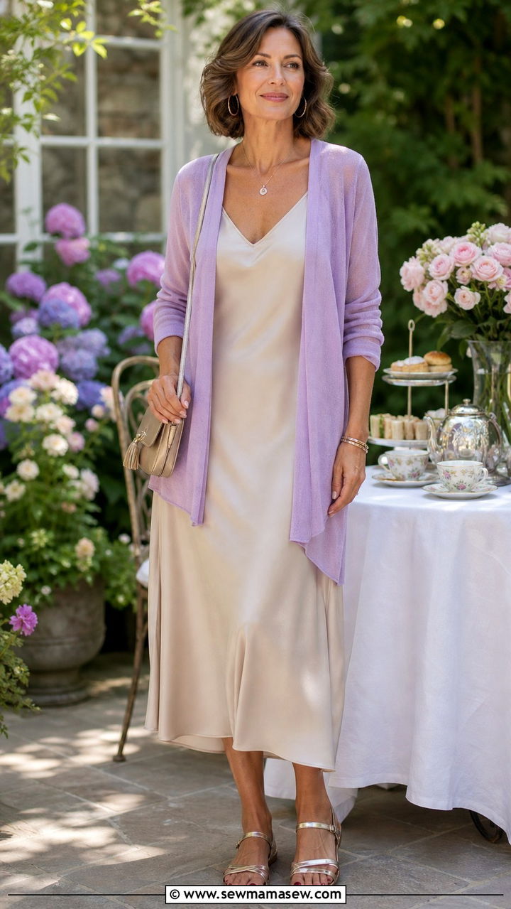 Pastel Cardigan and Slip Dress Outfit - 40 Summer outfit ideas for women over 40 2026
